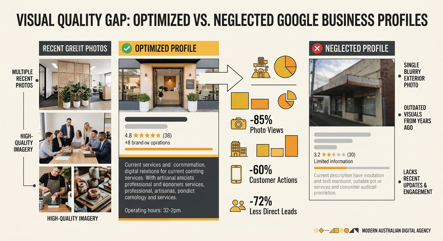 side-by-side comparison of two Google Business Profile listings showing the visual quality gap — one with multiple recent high-quality photos of interior, team, and products versus one with only a sin