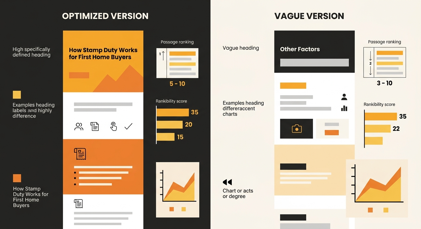 Infographic comparing two versions of the same long-form page, showing specific heading labels like How Stamp Duty Works for First Home Buyers versus vague headings like Other Factors, with passage ra