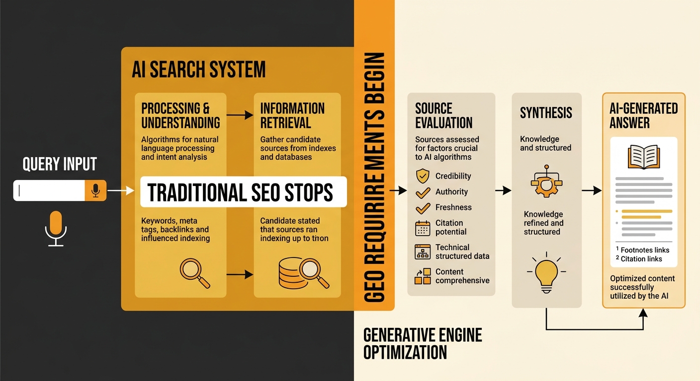 a diagram showing the journey of a user query through an AI search system, from query input to source evaluation to AI-generated answer, highlighting where traditional SEO stops and GEO requirements b