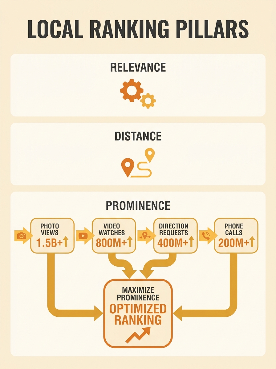 infographic showing Google's three local ranking pillars (relevance, distance, prominence) with visual content feeding into the prominence pillar through measurable engagement metrics including photo