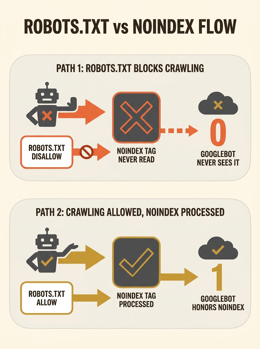 diagram showing two parallel paths - one where robots.txt blocks crawling so noindex is never read, and another where crawling is allowed and noindex is processed correctly by Googlebot