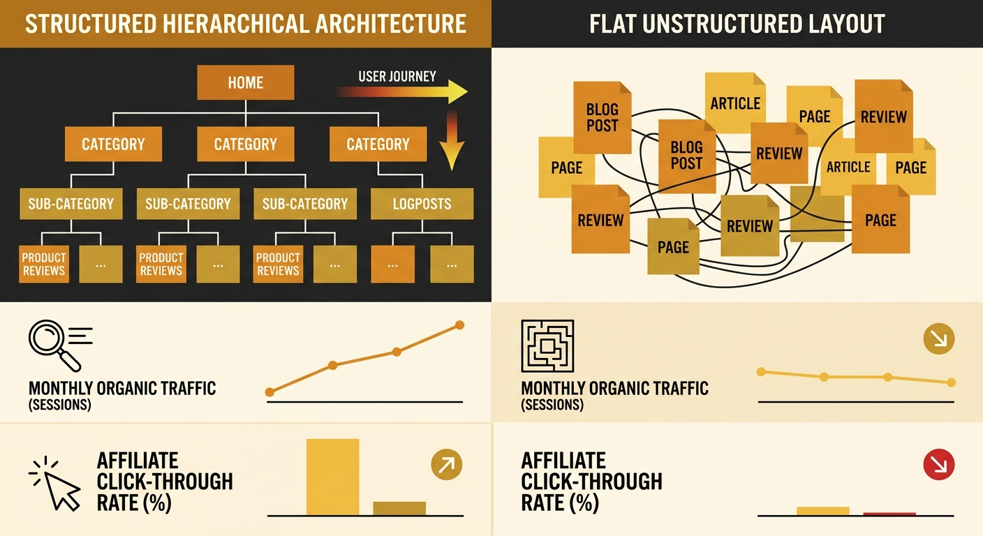 Side-by-side comparison showing two affiliate site structures and their performance metrics, with the hierarchical architecture displaying higher organic traffic and better affiliate click-through rat