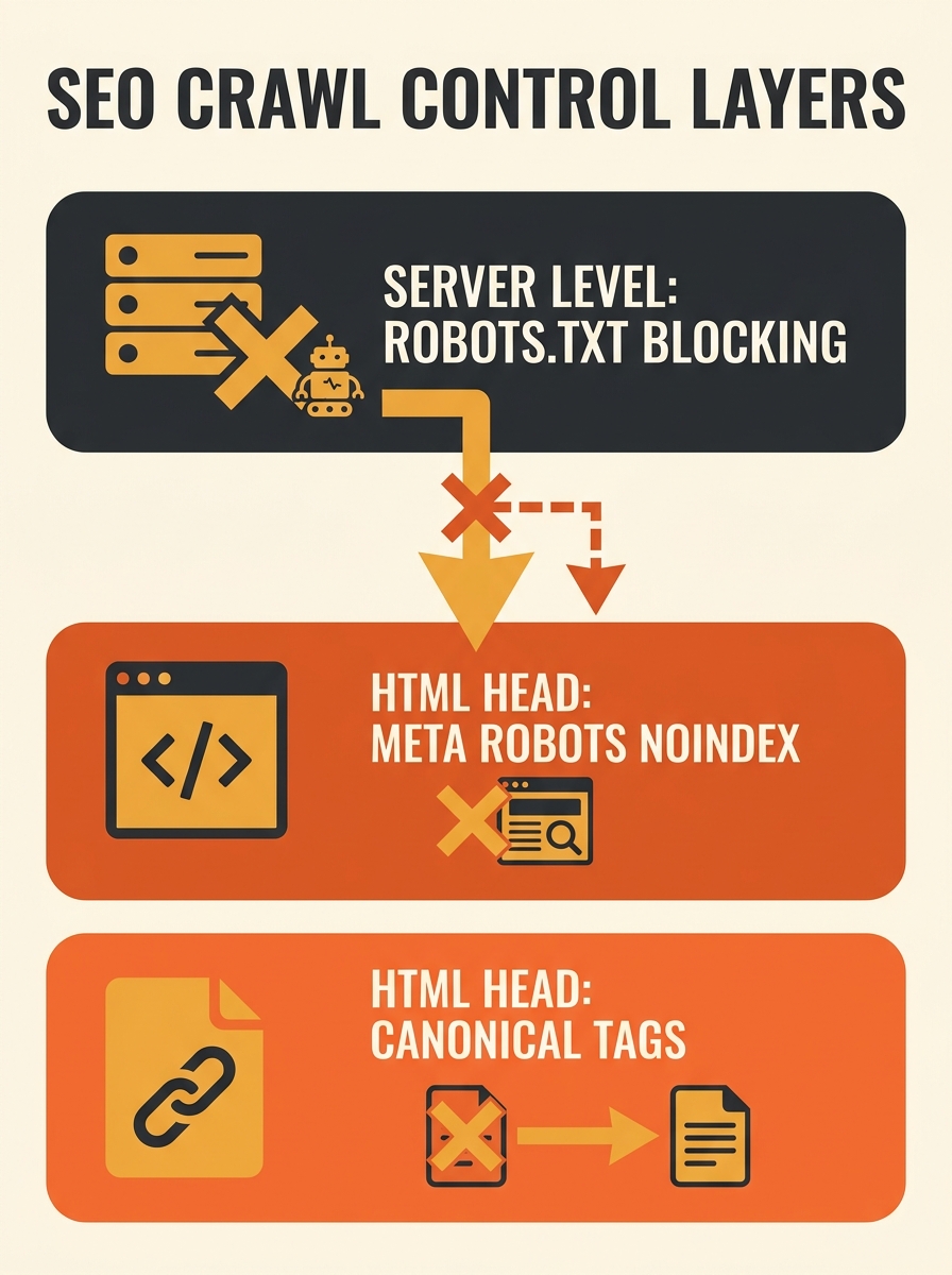 Infographic showing a three-layer diagram with robots.txt blocking at the server level on top, meta robots noindex at the HTML head level in the middle, and canonical tags at the HTML head level on th