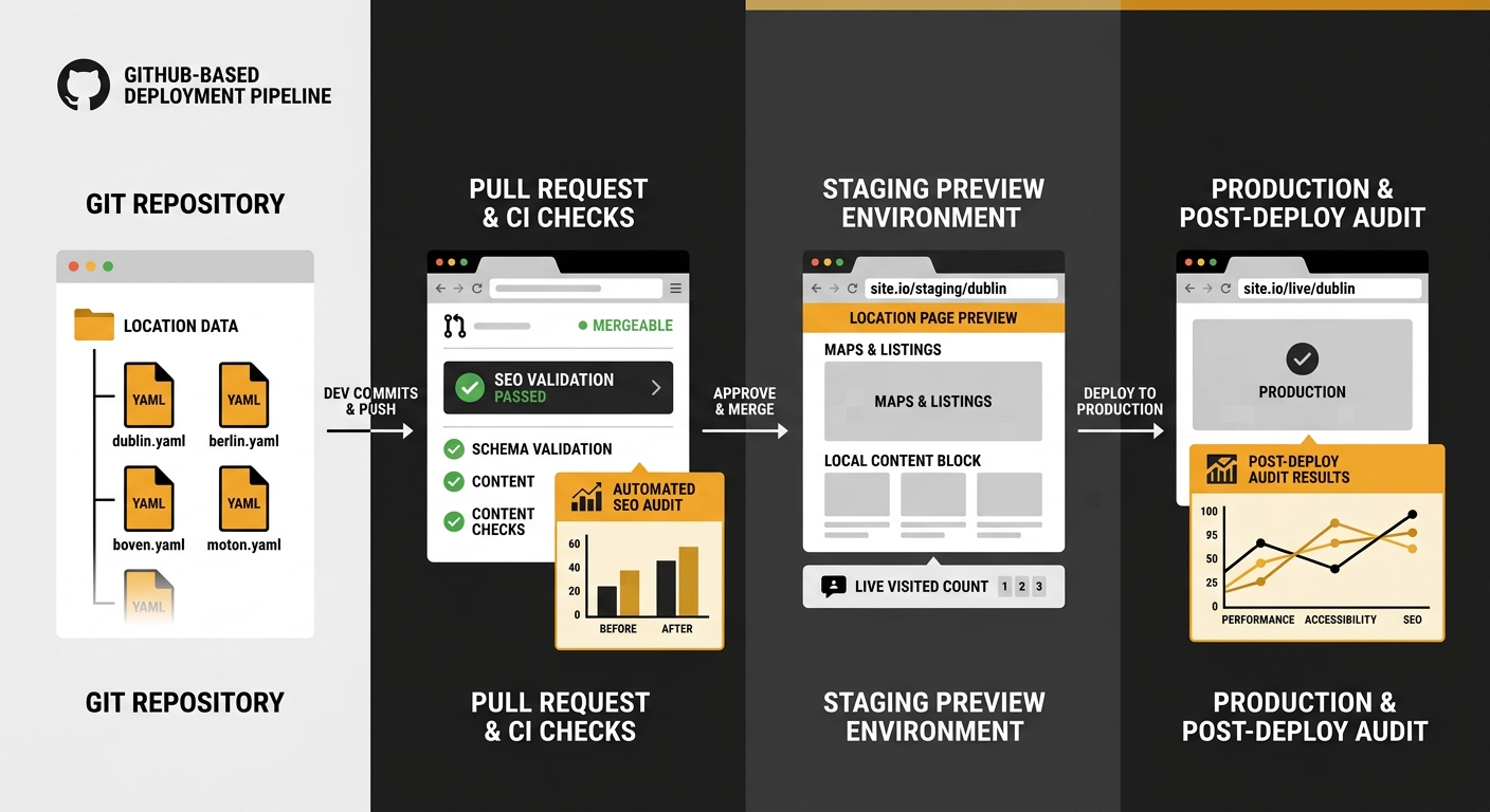 A diagram showing a GitHub-based deployment pipeline for location pages, starting with YAML data files in a repository, flowing through a pull request with automated SEO validation checks displayed as
