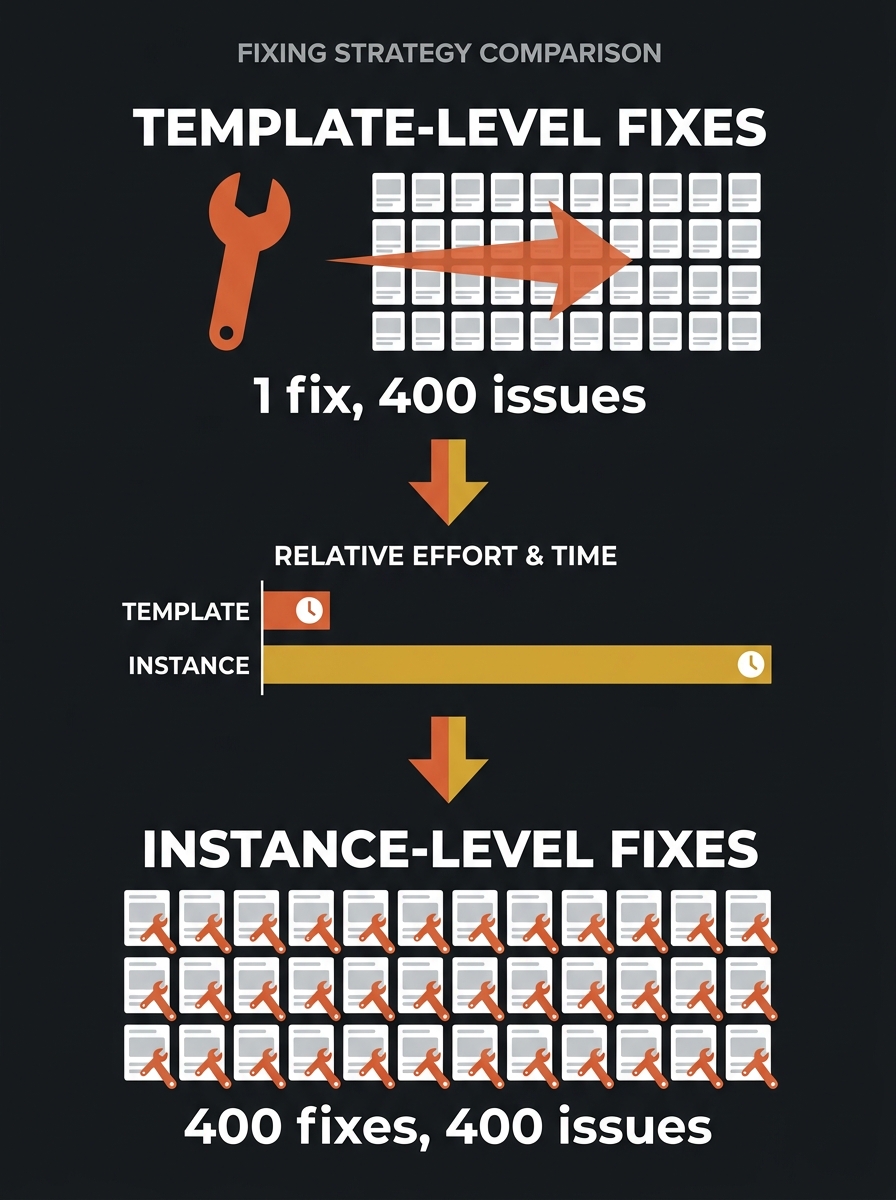 Infographic showing a comparison between template-level fixes (one fix resolving 400 issues, depicted as a single wrench fixing a grid of product cards) versus instance-level fixes (400 individual fix