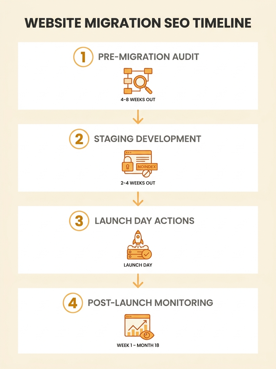 Infographic showing a website migration SEO checklist timeline divided into four phases: pre-migration audit at 4-8 weeks out (crawl existing site, benchmark traffic, map redirects), staging developme