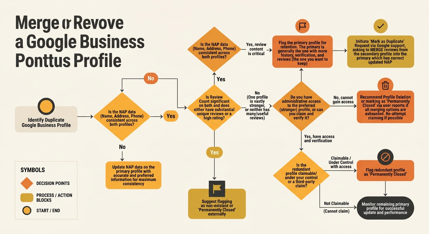 Step-by-step flowchart for deciding whether to merge or remove a duplicate Google Business Profile, with decision points based on review count, access level, and NAP consistency