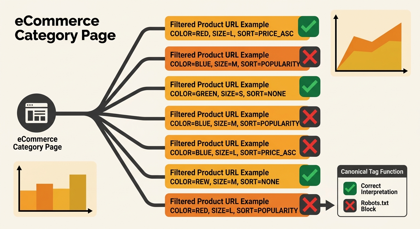 Diagram of an eCommerce category page branching into filtered product URLs with colour, size, and sort parameters, with green checkmarks on URLs where canonical tags function correctly and red X marks