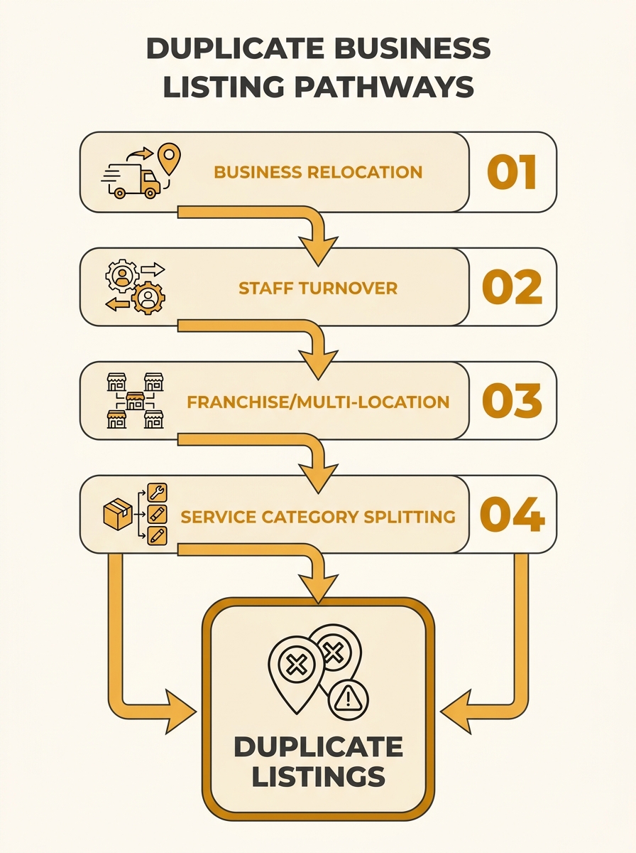 Infographic showing four common pathways to duplicate Google Business Profile creation — business relocation, staff turnover, franchise/multi-location overlap, and service category splitting — with ar
