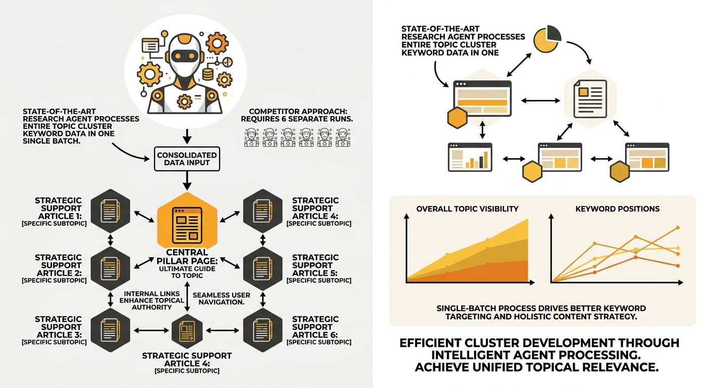 An infographic showing a topic cluster model with one central pillar page connected to six supporting articles via internal links, with annotations showing how a research agent processes the entire cl
