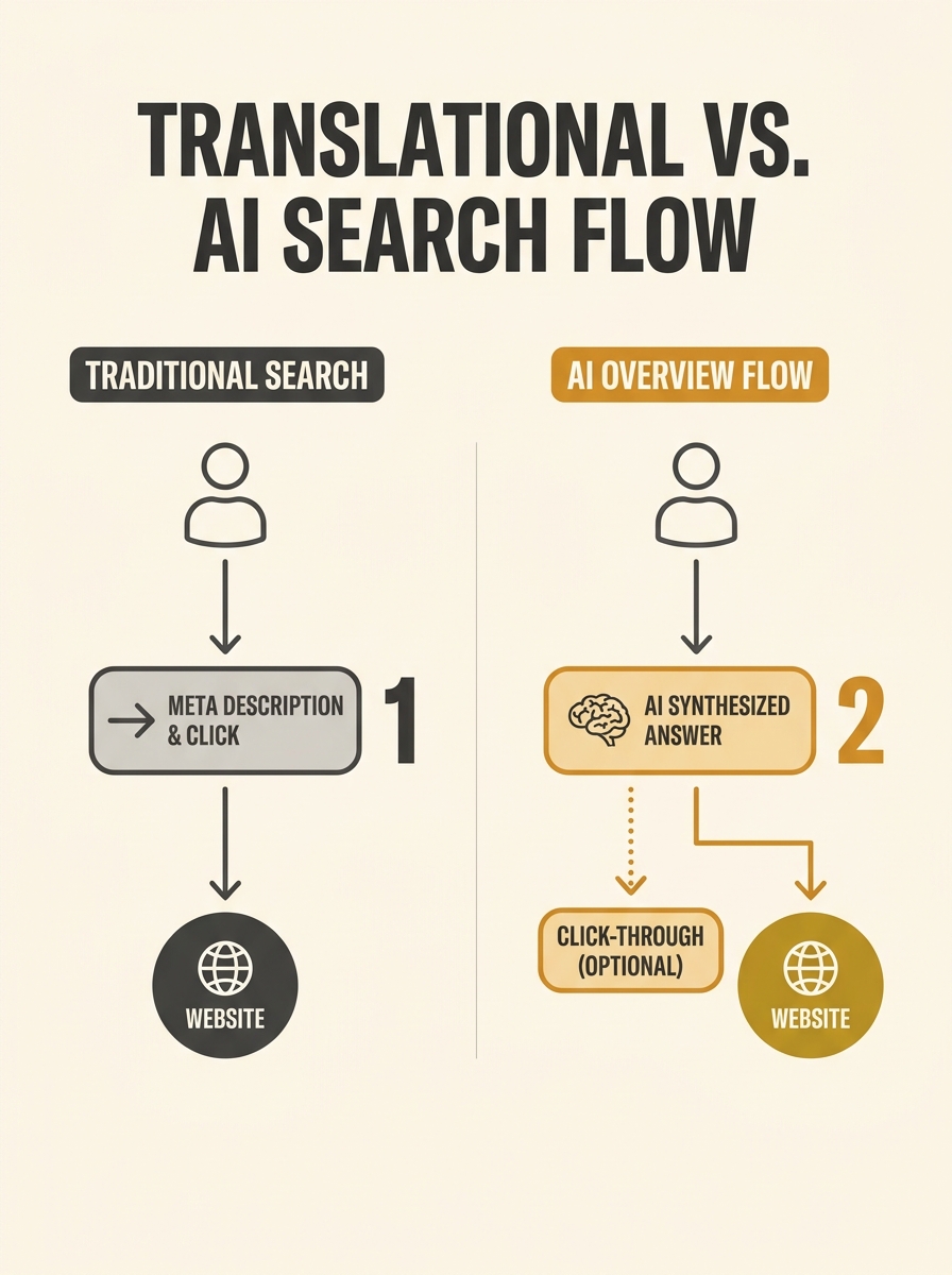 Diagram showing the traditional search flow where a user sees a meta description and clicks through to a website, versus the AI Overview flow where AI extracts content directly from the page body, dis