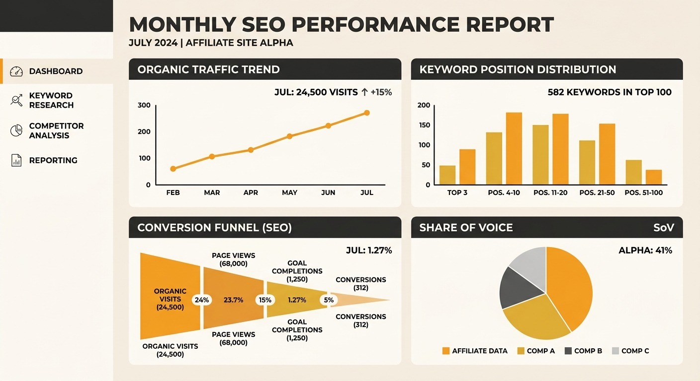 A clean dashboard mockup showing a monthly SEO report with four panels — organic traffic trend line, keyword position distribution bar chart, conversion funnel, and share of voice pie chart comparing 