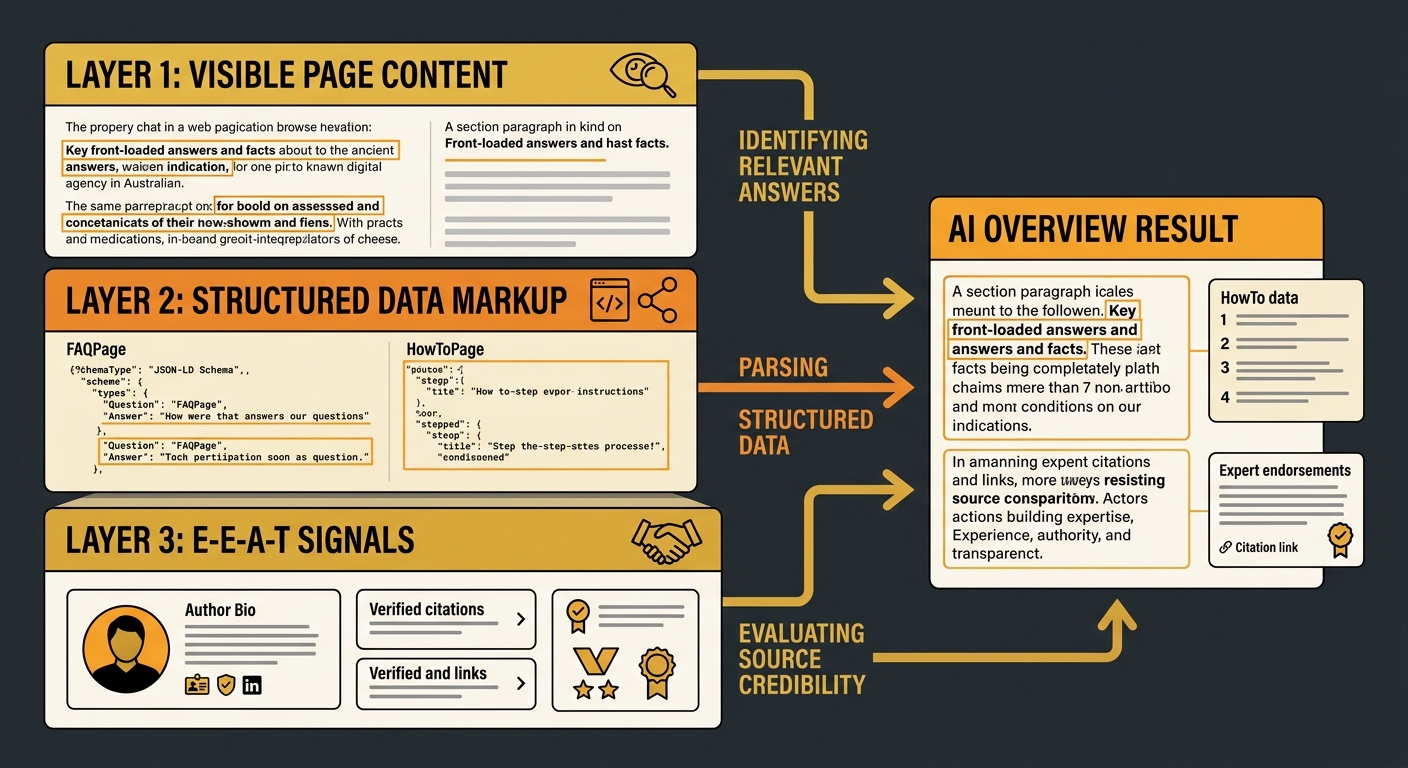 Infographic showing three layers of AI content extraction - Layer 1 showing visible page content with front-loaded answers highlighted in section paragraphs, Layer 2 showing structured data markup wit