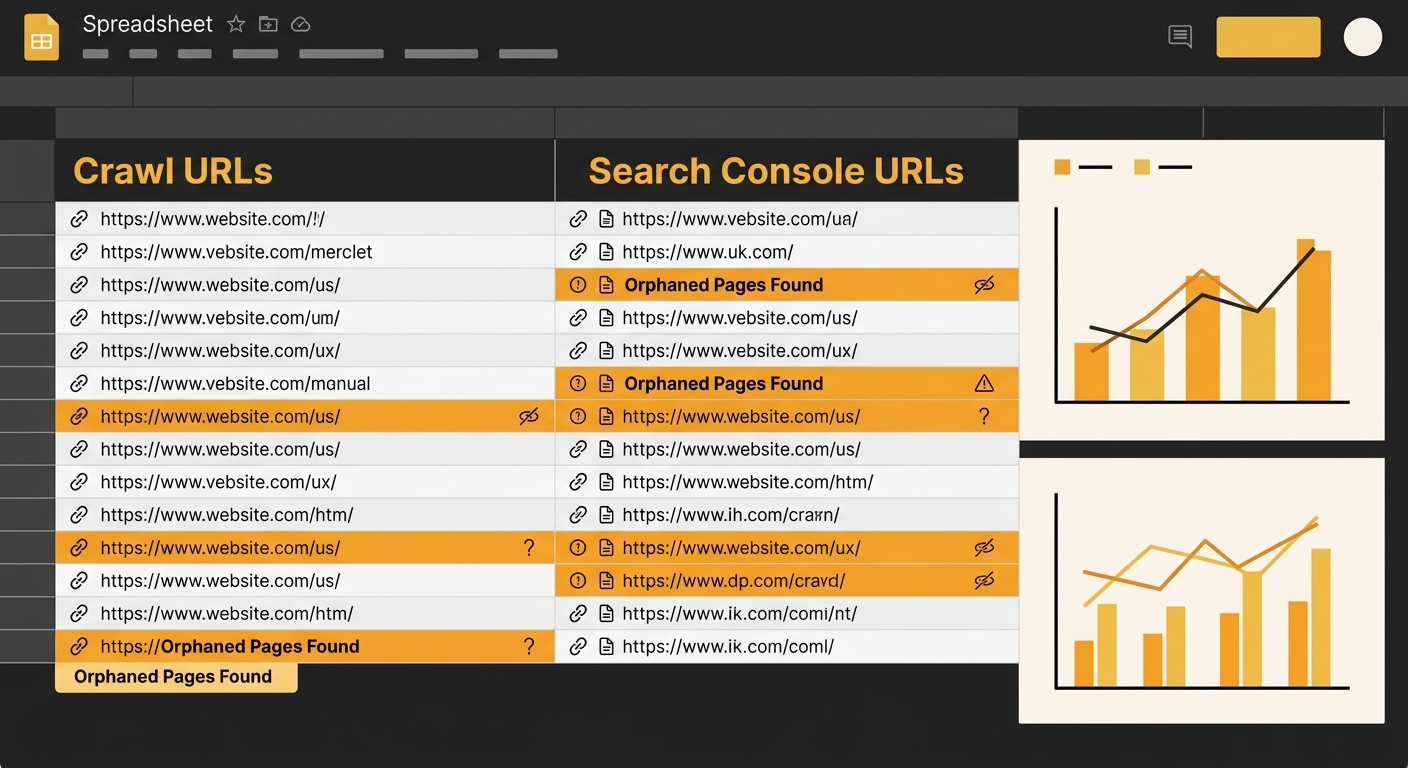 A screenshot-style illustration of a spreadsheet comparing two columns labelled Crawl URLs and Search Console URLs, with highlighted rows showing mismatches that indicate orphaned pages
