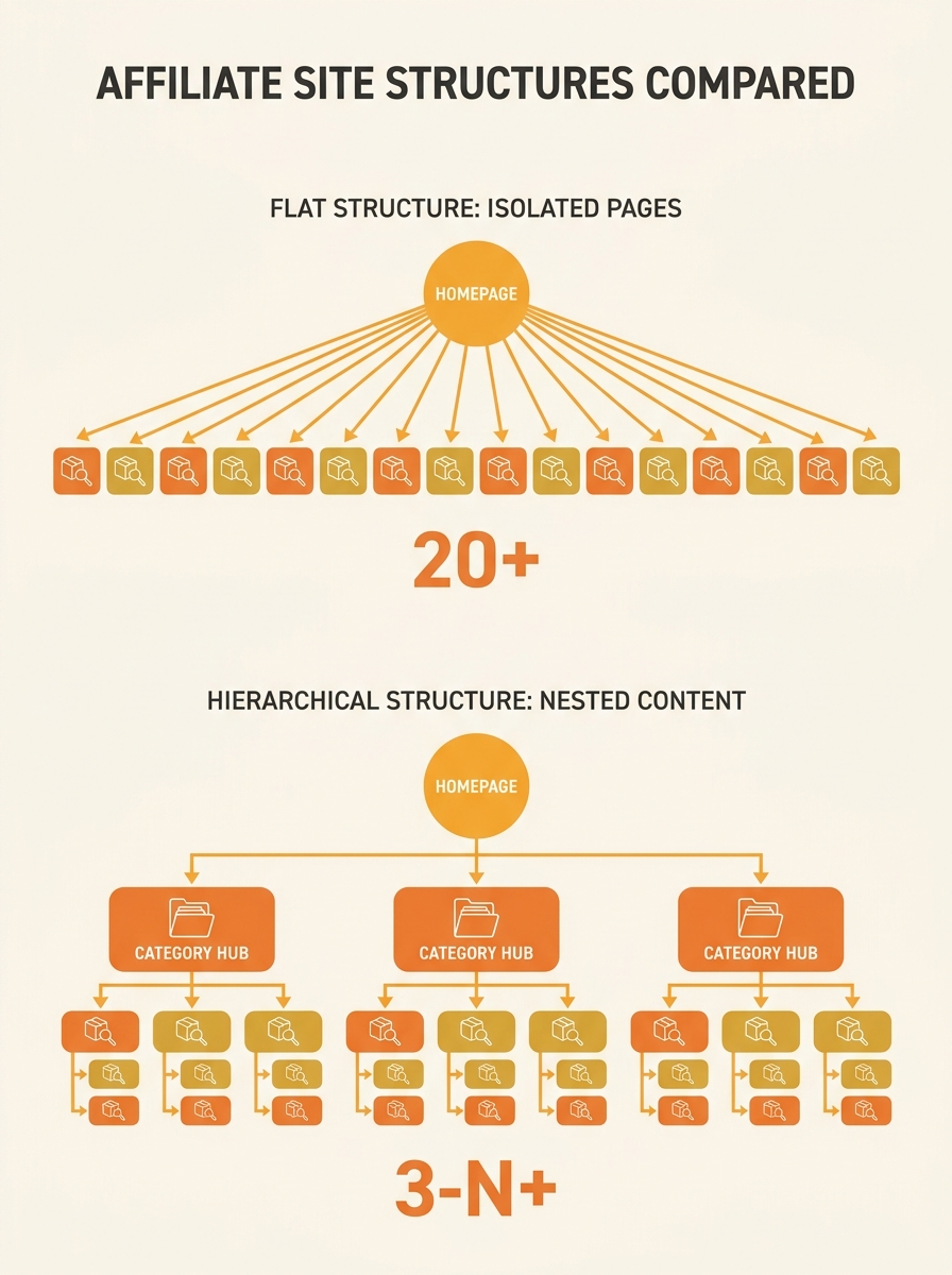 Diagram showing a flat affiliate site structure with homepage connecting directly to dozens of isolated product review pages at the same URL depth, contrasted with a hierarchical structure using categ