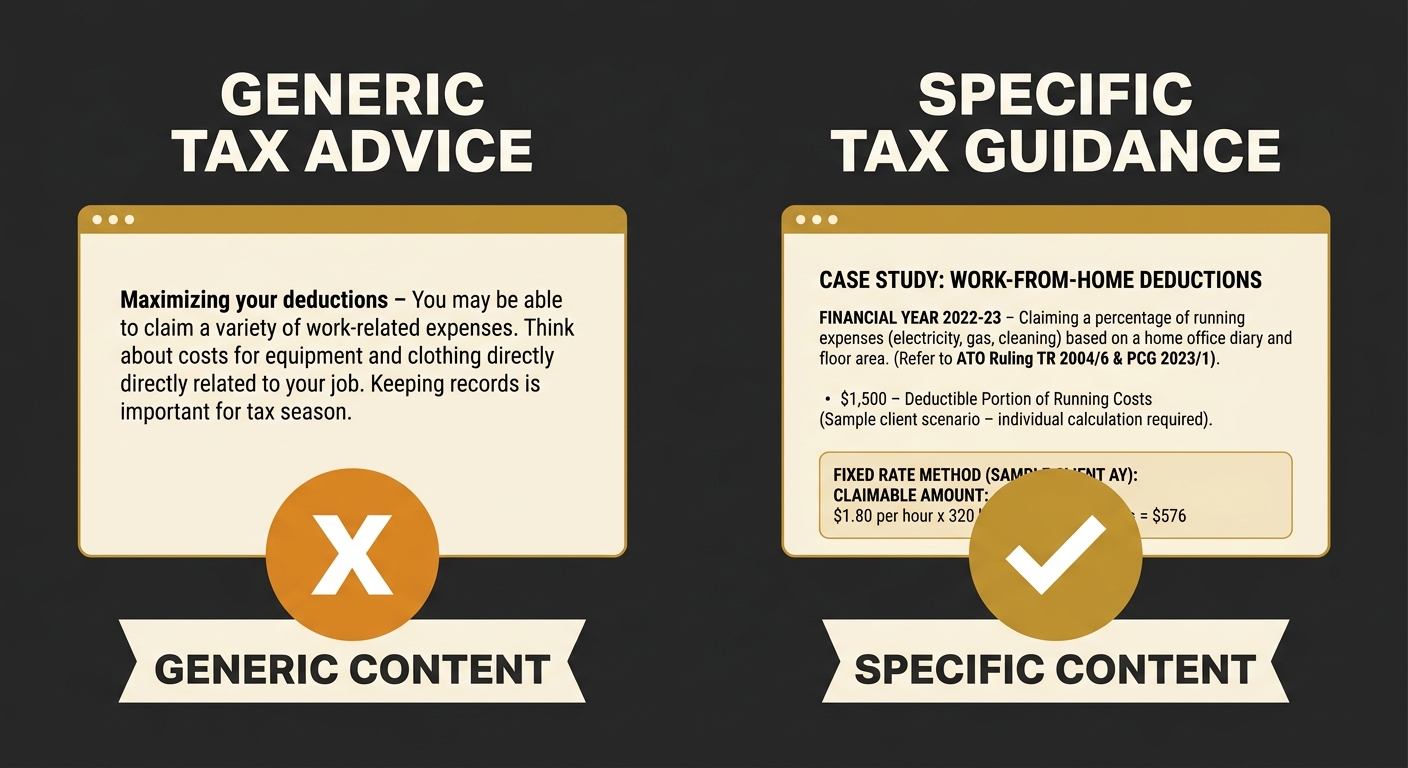 Side-by-side comparison of two website content examples about Australian tax deductions, the left showing generic advice with no dates or specifics marked with a red cross, the right showing first-han