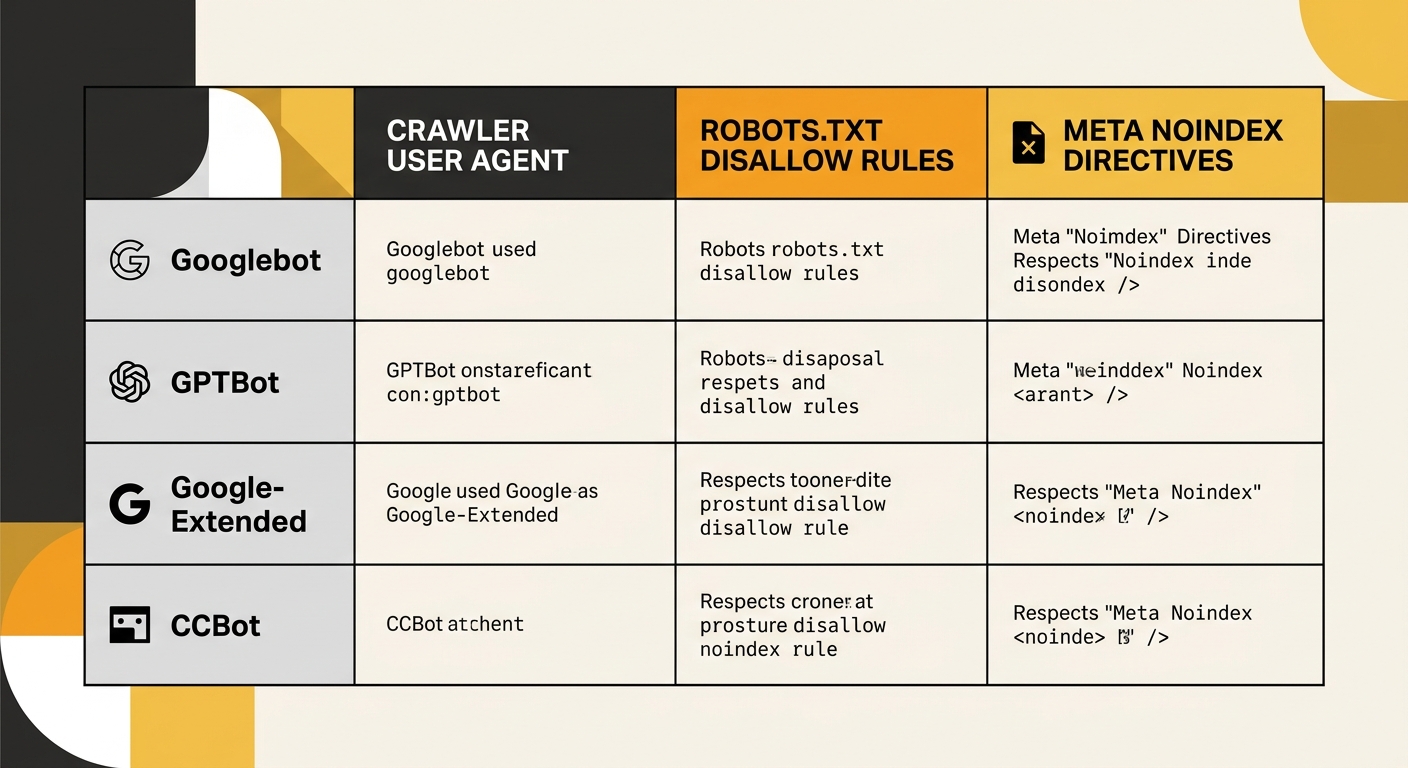 comparison table showing different crawler user agents including Googlebot, GPTBot, Google-Extended, and CCBot with columns for how each interprets robots.txt disallow rules versus meta noindex direct