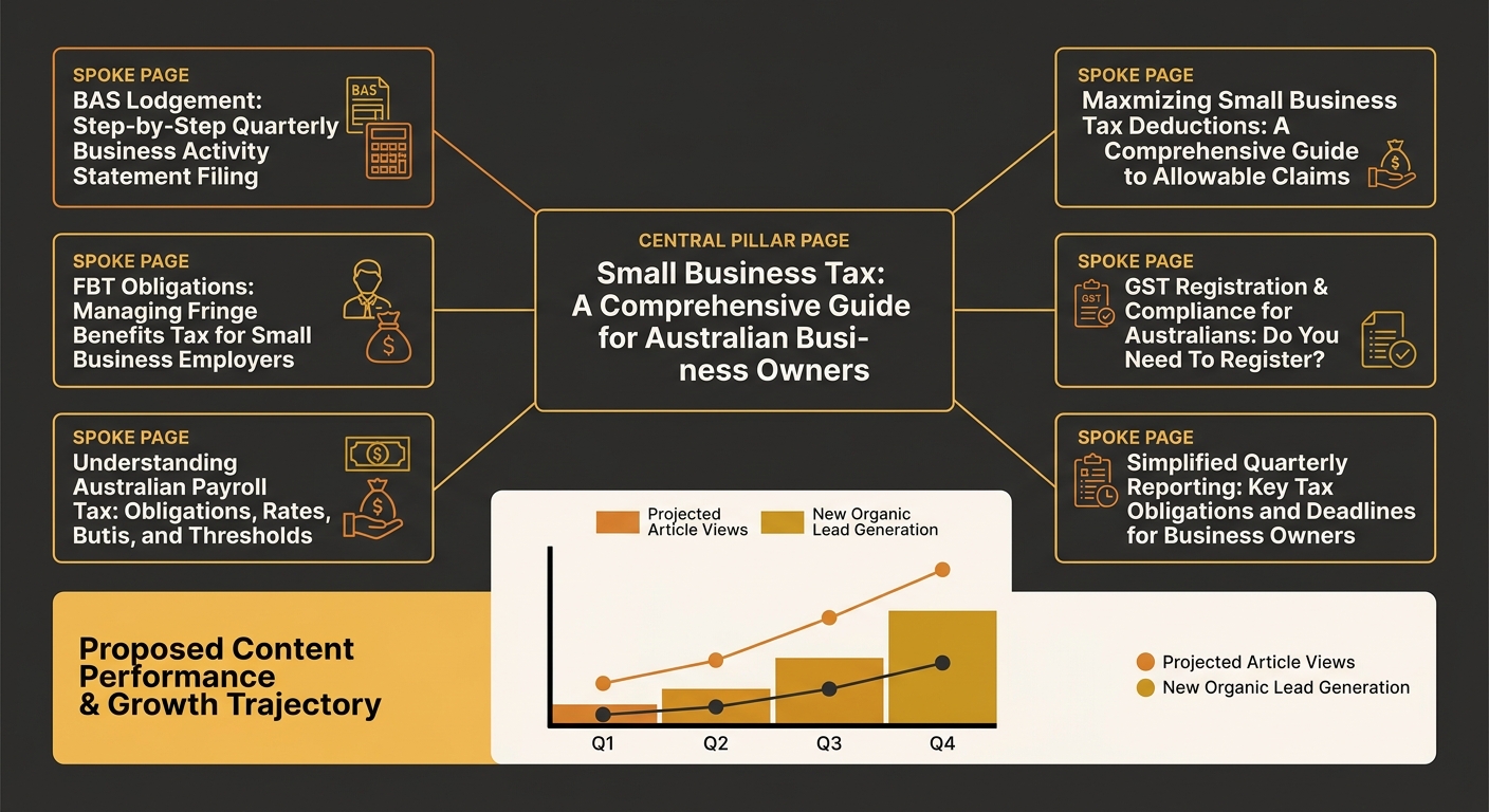 A practical content cluster planning worksheet for a small Australian business, showing a central pillar page on small business tax connected to six spoke pages covering BAS lodgement, tax deductions,