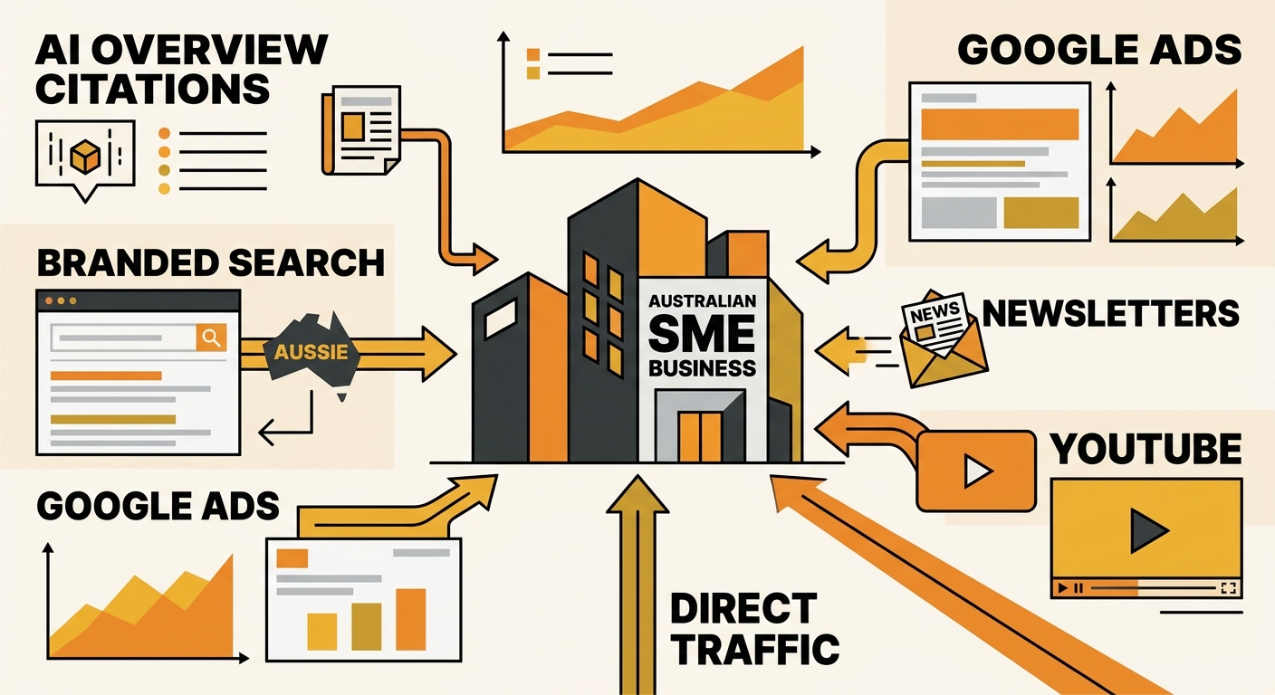 illustration showing a diversified digital visibility strategy for Australian SMEs with channels including AI Overview citations, branded search, Google Ads, newsletters, YouTube, and direct traffic f