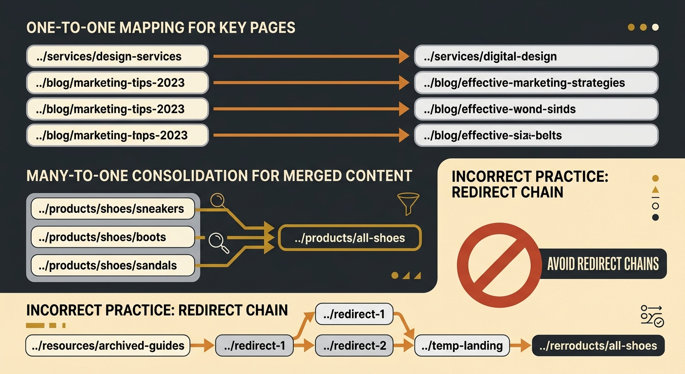 Diagram showing a redirect map with old URLs on the left connected by arrows to corresponding new URLs on the right, illustrating three patterns: one-to-one mapping for key pages, many-to-one consolid