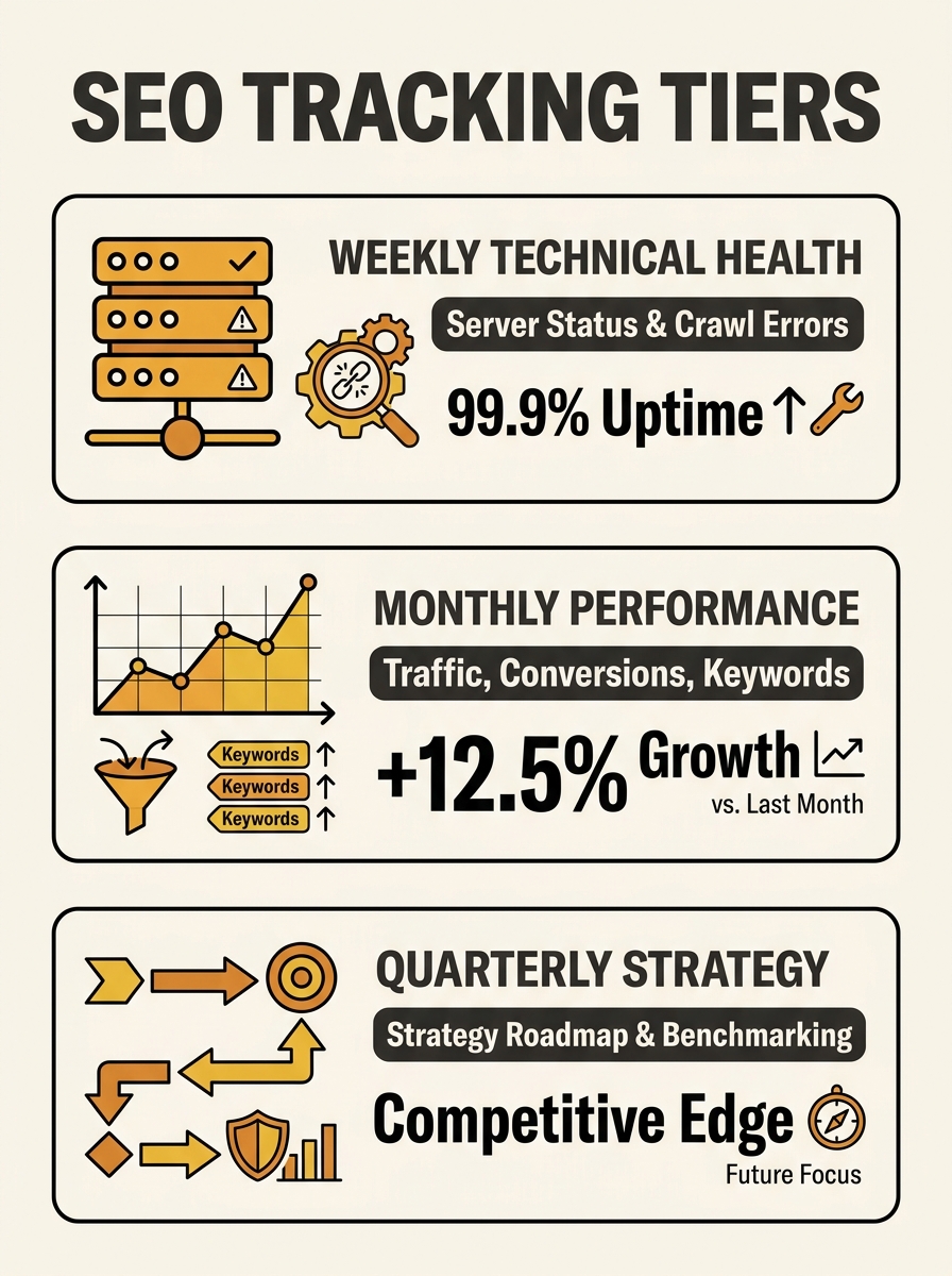 Infographic showing three tiers of SEO tracking — weekly (technical health icons like server status and crawl errors), monthly (traffic graphs, conversion rates, keyword movement), and quarterly (stra