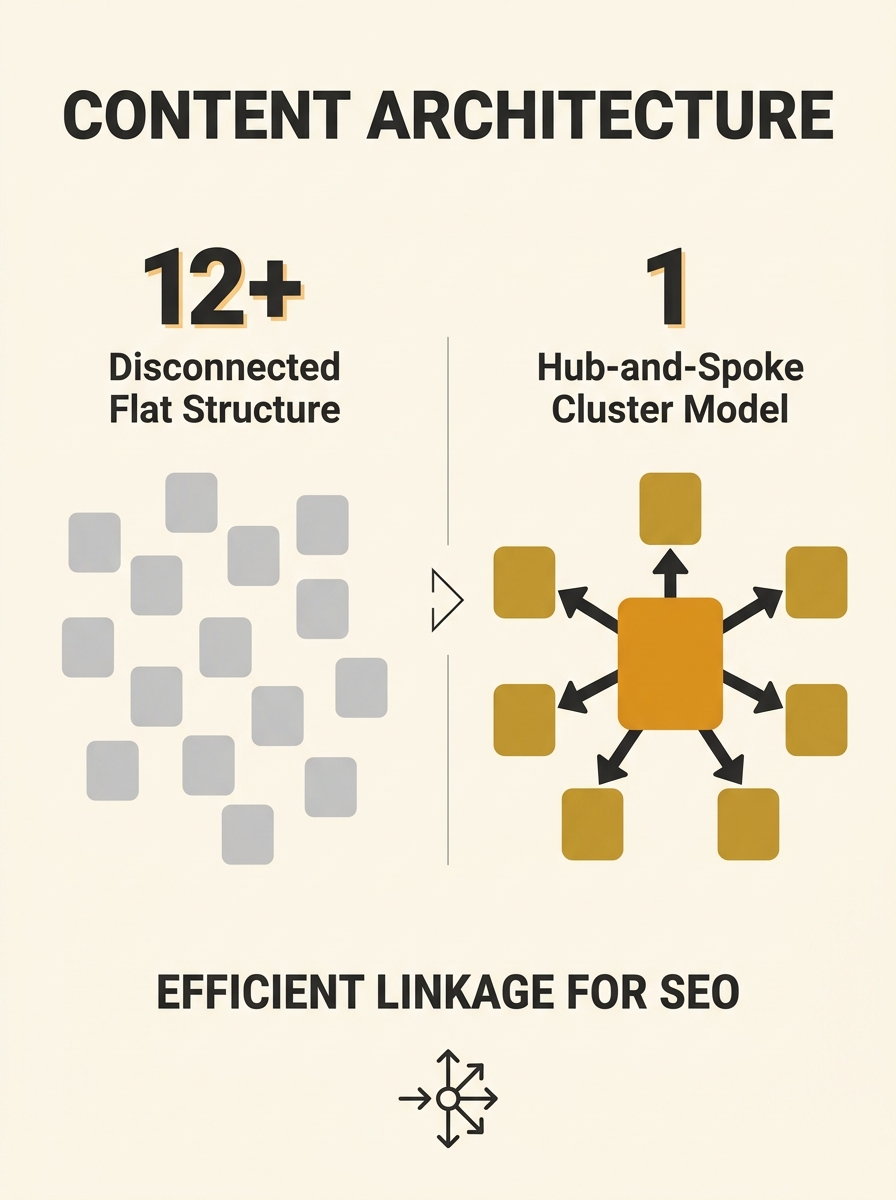 Diagram showing a flat blog structure with many disconnected posts on the left versus a hub-and-spoke cluster model on the right, with a central pillar page linked to six supporting spoke pages via di