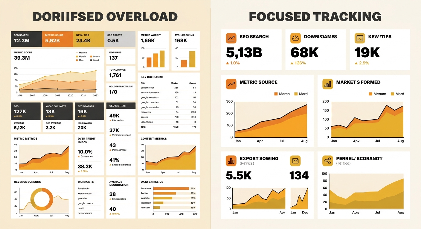 Side-by-side comparison of a cluttered SEO dashboard with 20+ metrics, graphs and widgets versus a clean focused dashboard with 6 key metrics clearly displayed, illustrating dashboard overload versus 