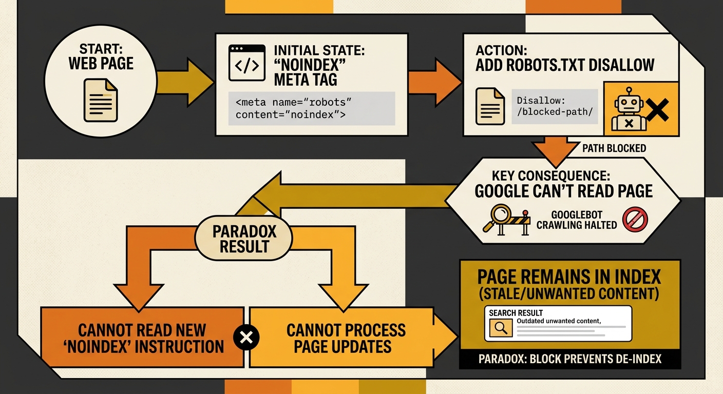 A flowchart diagram showing the noindex-behind-a-block paradox — starting with a page that has a noindex meta tag, then a robots.txt disallow being added to the same path, followed by Google being una