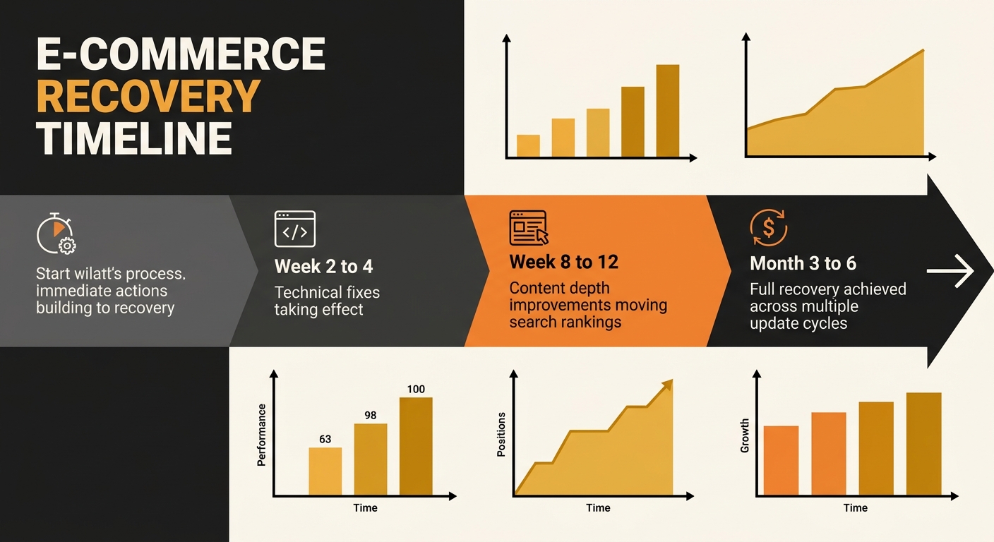 a timeline diagram showing the e-commerce recovery process with milestones at Week 2 to 4 for technical fixes taking effect, Week 8 to 12 for content depth improvements moving rankings, and Month 3 to