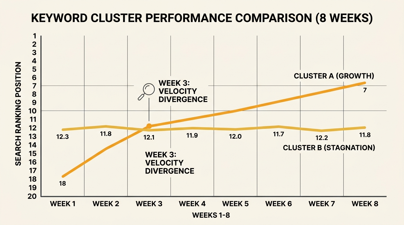a line chart comparing two keyword clusters over 8 weeks, one showing positive velocity with a steady climb from position 18 to position 7, and one showing stagnation around position 12, with annotati