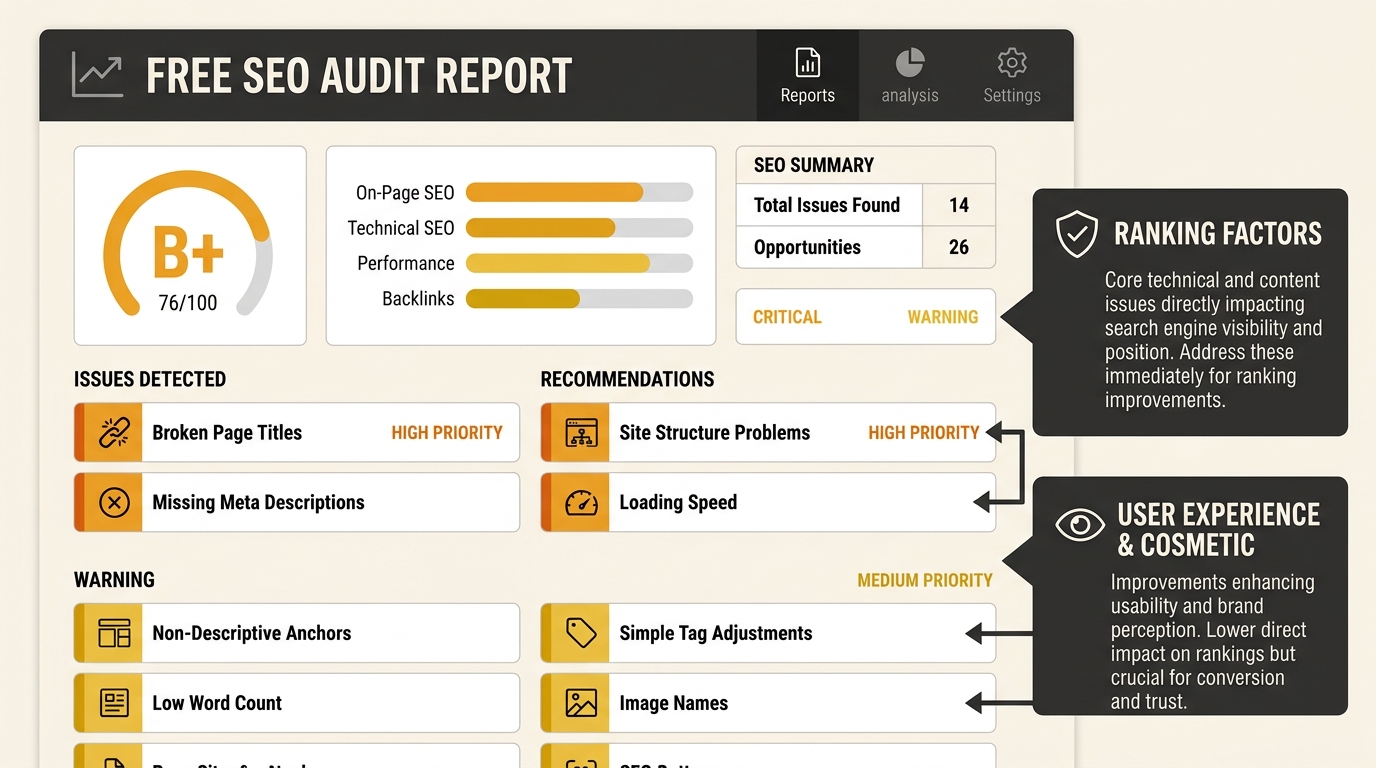 Screenshot-style illustration of a typical free SEO audit report showing graded scores and colour-coded issue lists, with callouts highlighting which issues affect rankings versus which are cosmetic