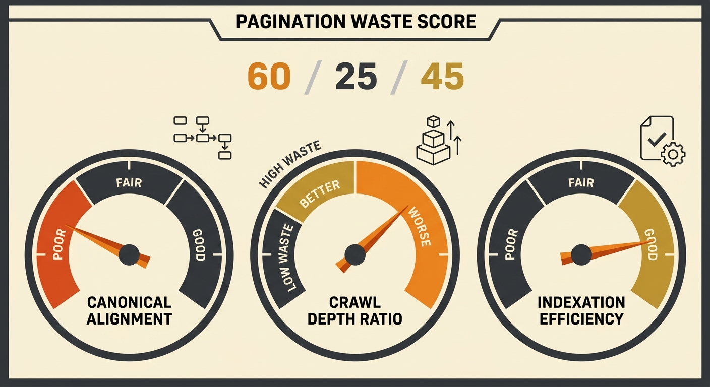 a three-gauge dashboard showing the three Pagination Waste Score axes — canonical alignment, crawl depth ratio, and indexation efficiency — with example needle positions indicating a site scoring poor