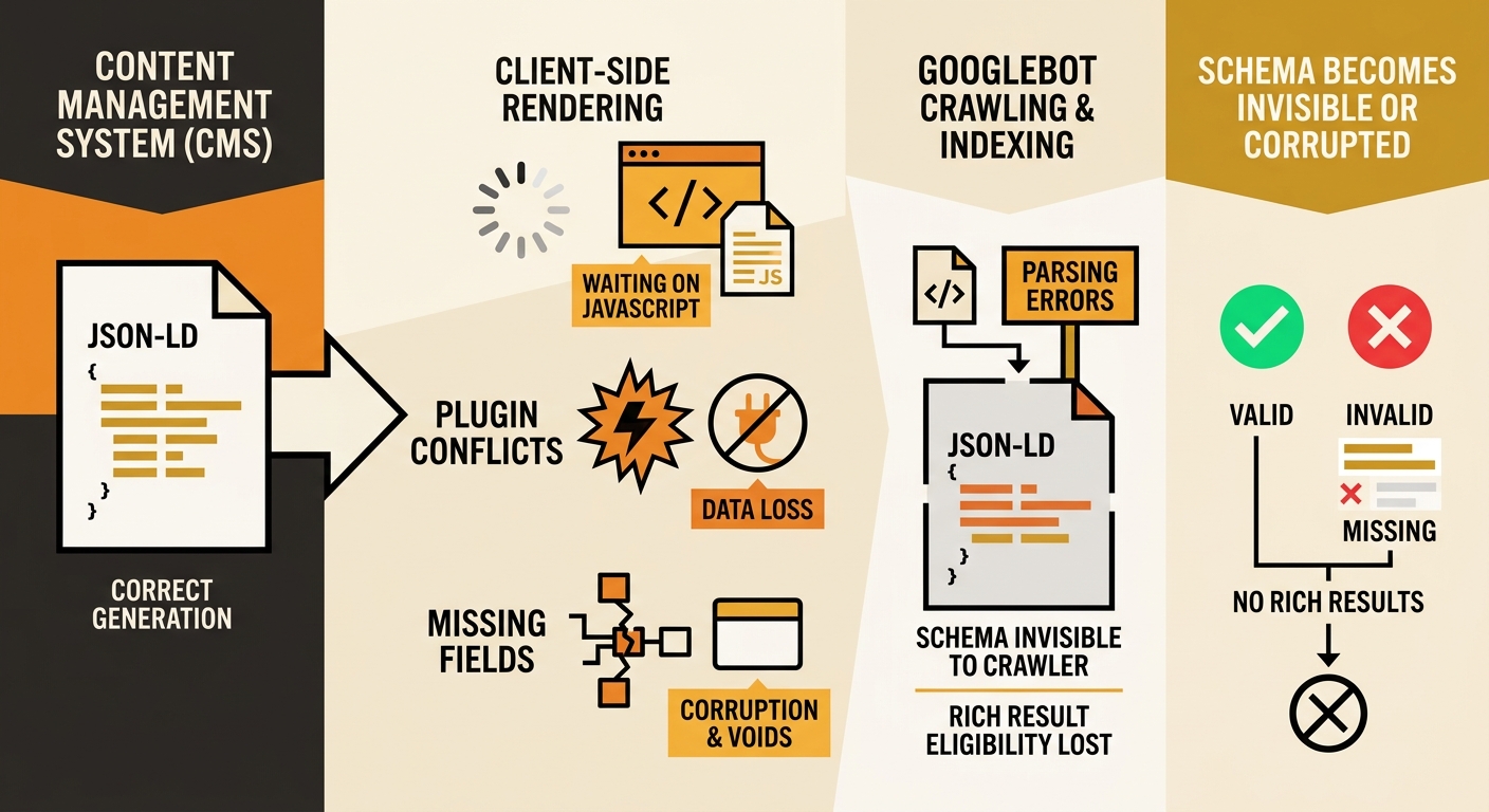 A diagram showing the journey of JSON-LD schema markup from CMS to Googlebot, illustrating where client-side rendering, missing fields, and plugin conflicts cause valid schema to become invisible or c