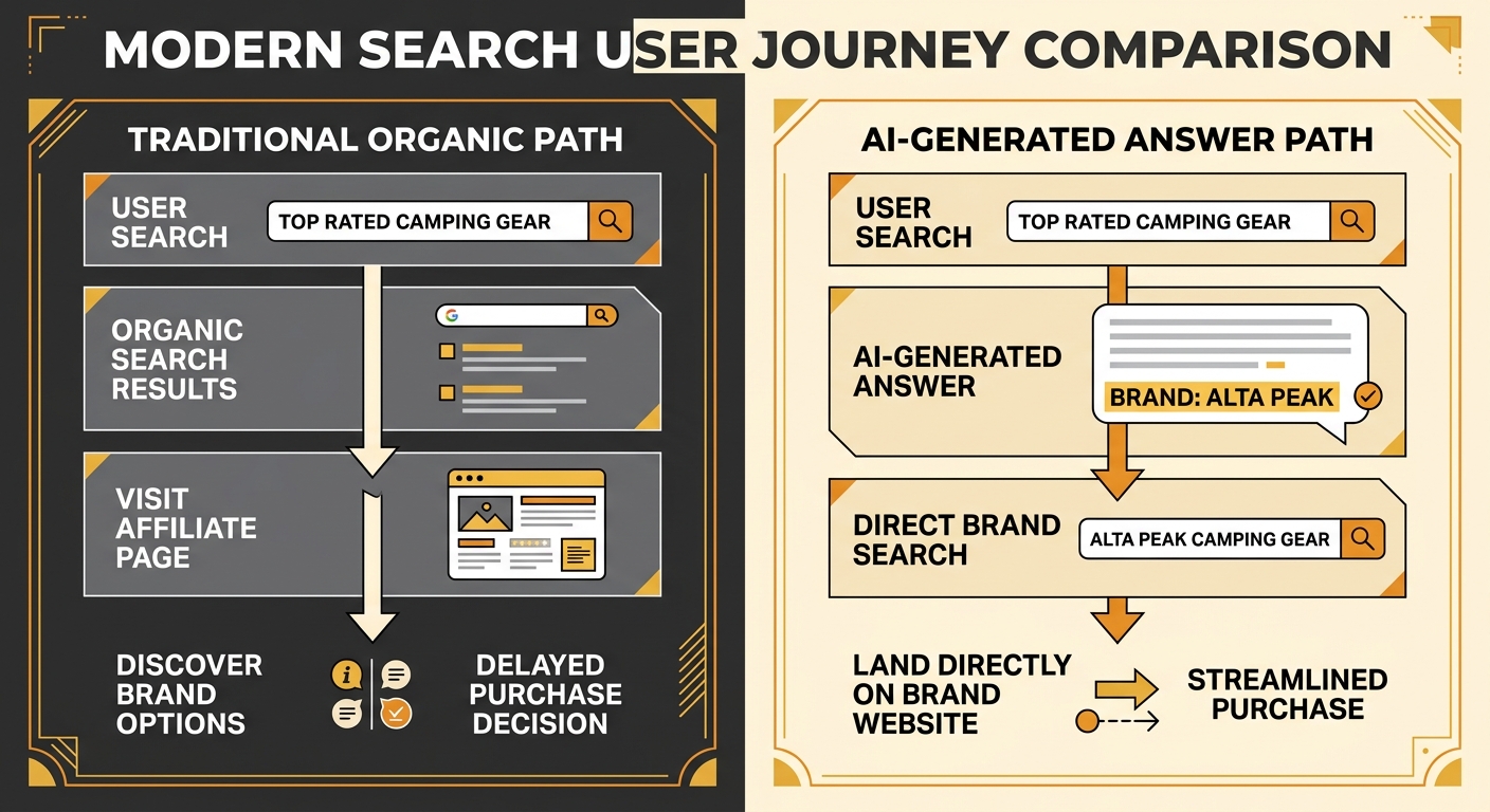 A side-by-side comparison showing two user paths — one through traditional Google organic results clicking to an affiliate page, and another through an AI-generated answer citing a brand name leading