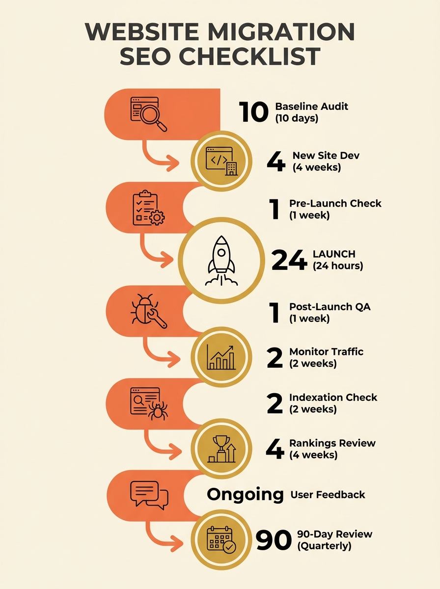 infographic showing the 10 sequential steps of a website migration SEO checklist, from baseline audit through 90-day review, with icons for each phase and estimated time allocations