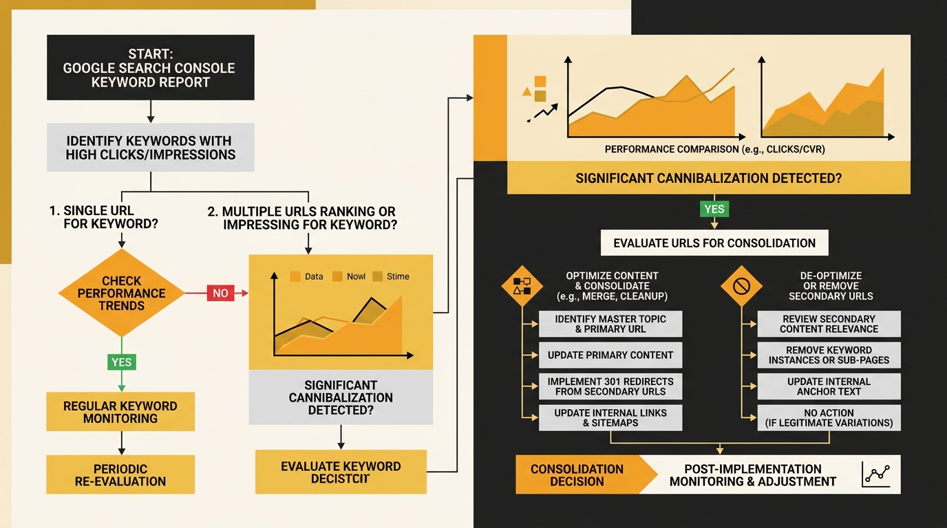 flowchart showing a diagnostic process for identifying keyword cannibalisation, starting with a GSC keyword report, branching into single URL versus multiple URLs per keyword, then showing consolidati