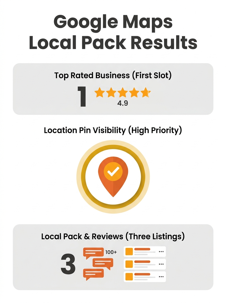 Google Maps local pack results showing business listings with reviews and location pins