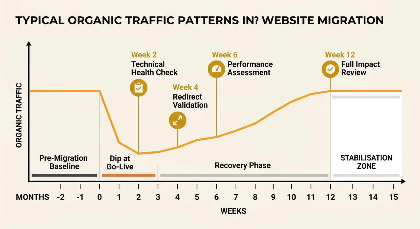 a line chart showing typical organic traffic patterns during a website migration, with a pre-migration baseline, a dip at go-live, gradual recovery over 4 to 12 weeks, and a stabilisation zone, with a
