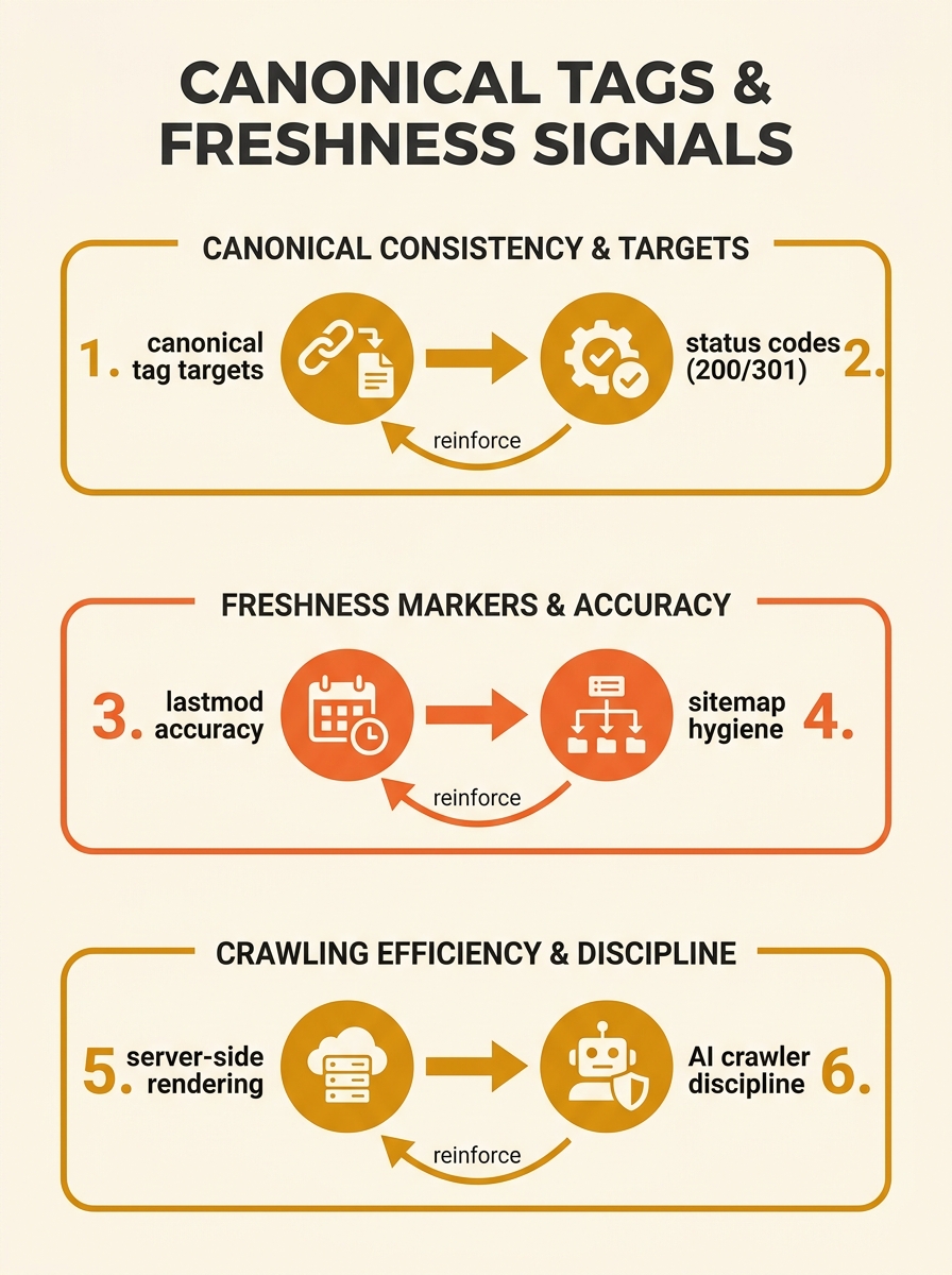 infographic showing six interconnected rules for canonical tags and freshness signals, with arrows between each rule indicating how they reinforce each other, including labelled icons for canonical ta