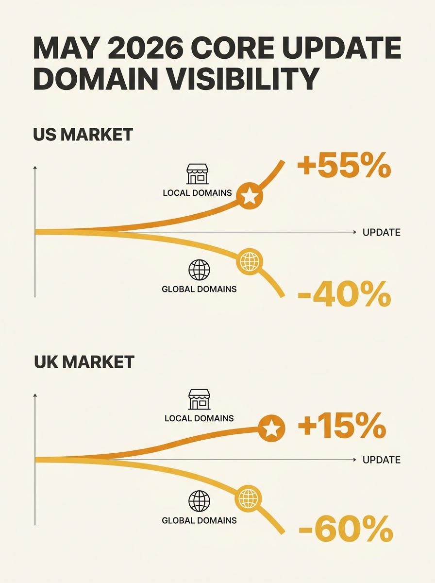 Split-screen comparison showing domain visibility charts for US and UK markets during Google's May 2026 core update, with diverging trend lines for local versus global domains