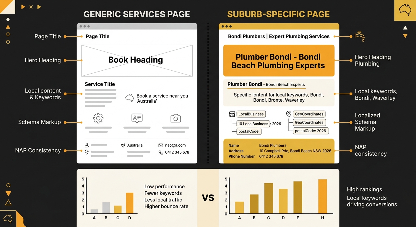 side-by-side comparison of a generic services page versus a suburb-specific page, highlighting the differences in title tags, local content, schema markup, and NAP consistency