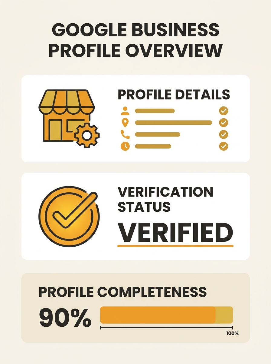 Screenshot of Google Business Profile dashboard showing business information fields and verification status