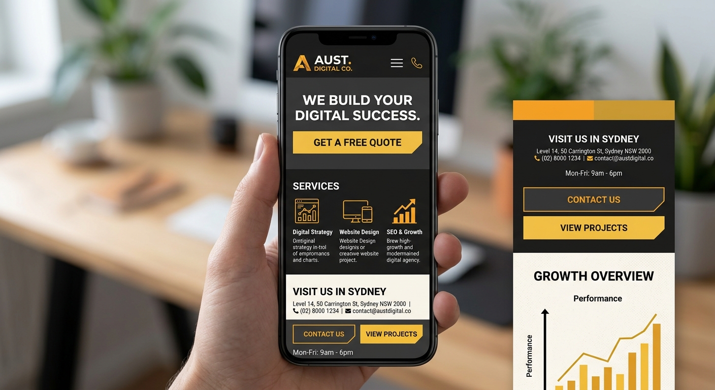 Mobile phone displaying local business website with visible contact information and clear call-to-action buttons