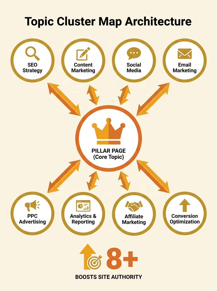 infographic showing a topic cluster map with a central pillar page connected by bidirectional arrows to eight surrounding cluster pages, each labelled with example subtopics, illustrating the hub-and-