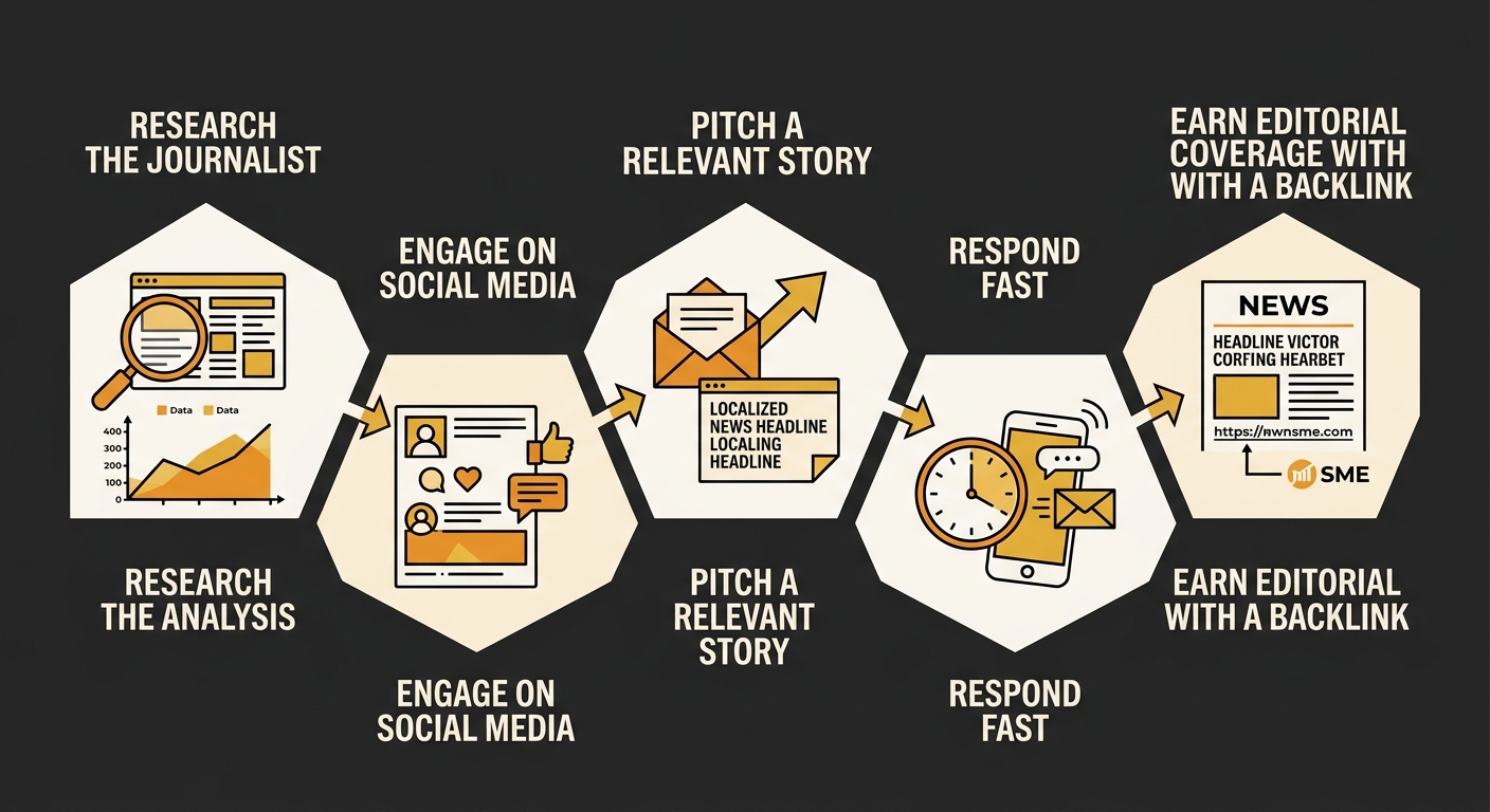 A simple diagram showing the outreach process from an Australian SME to a journalist, with steps labeled: research the journalist, engage on social media, pitch a relevant story, respond fast, and ear