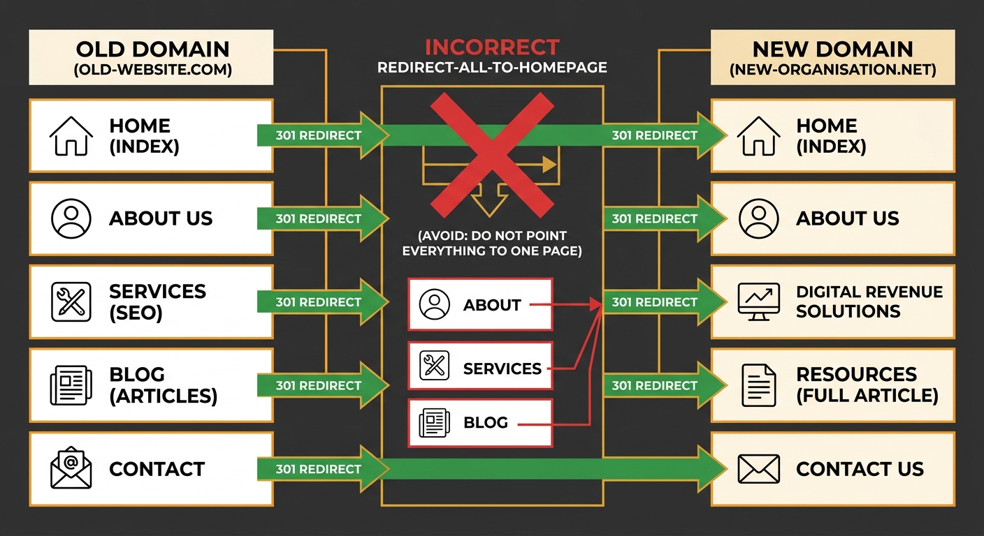 a diagram showing correct one-to-one 301 redirect mapping from old domain URLs to new domain URLs, with green arrows connecting matching pages and a red X over incorrect redirect-all-to-homepage patte