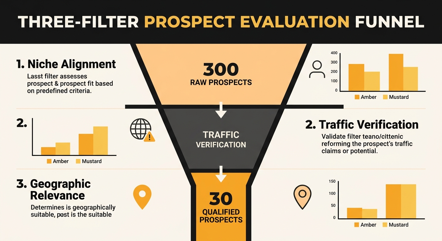 an infographic showing a three-filter prospect evaluation funnel with three stages labelled Niche Alignment, Traffic Verification, and Geographic Relevance, each with specific pass-fail criteria and a