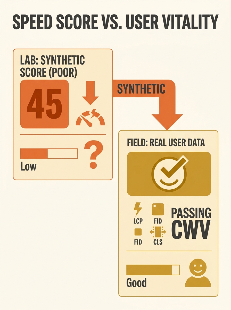 A side-by-side comparison showing a PageSpeed Insights lab score of 45 on the left and the same page's real-user field data showing passing Core Web Vitals on the right, highlighting the disconnect be