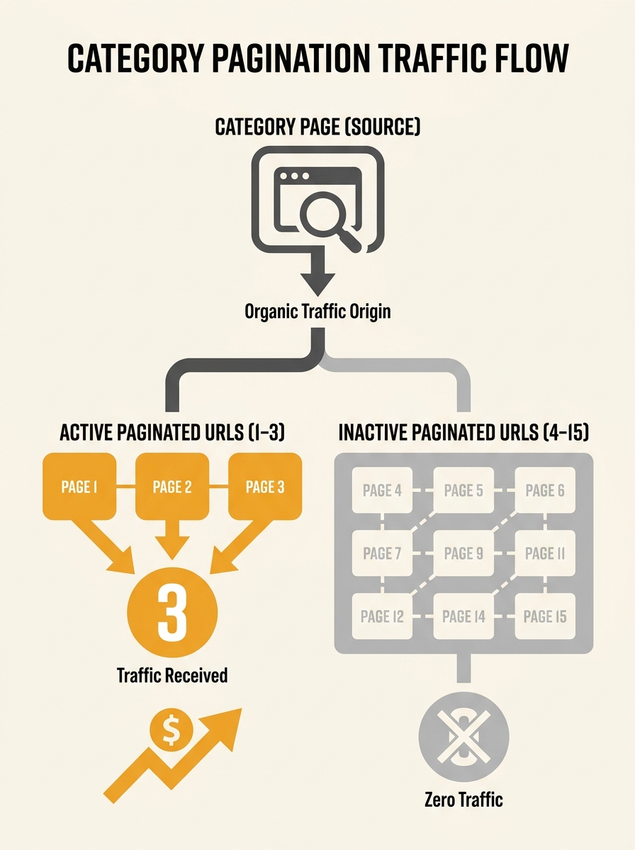 diagram showing a category page branching into 15 paginated URLs, with only pages 1-3 highlighted as receiving organic traffic and pages 4-15 greyed out to show zero traffic