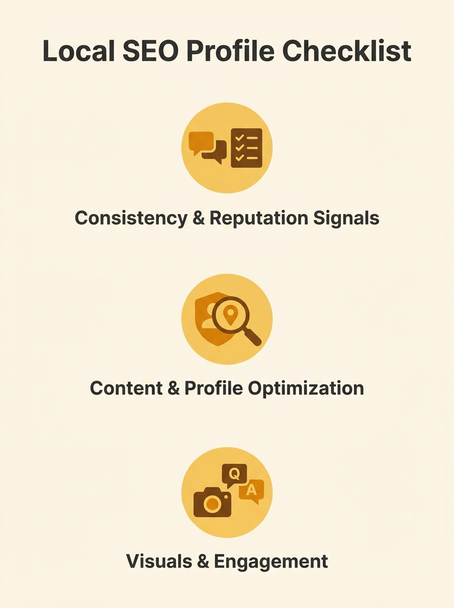 Screenshot showing Google Business Profile optimization checklist with eight local SEO components highlighted including citations, reviews, and location pages